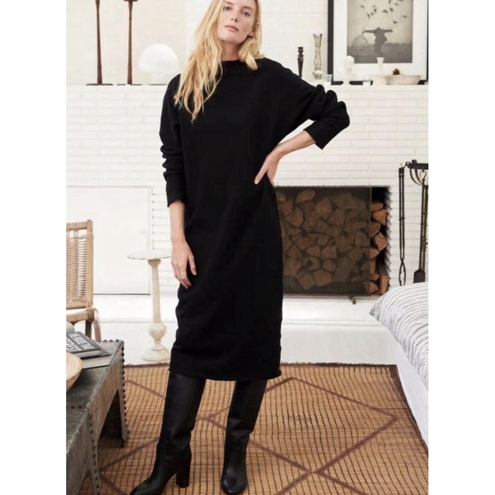 Frank & Eileen Isabelle Funnel Neck Midi Dress Size Medium Black Knit Fleece